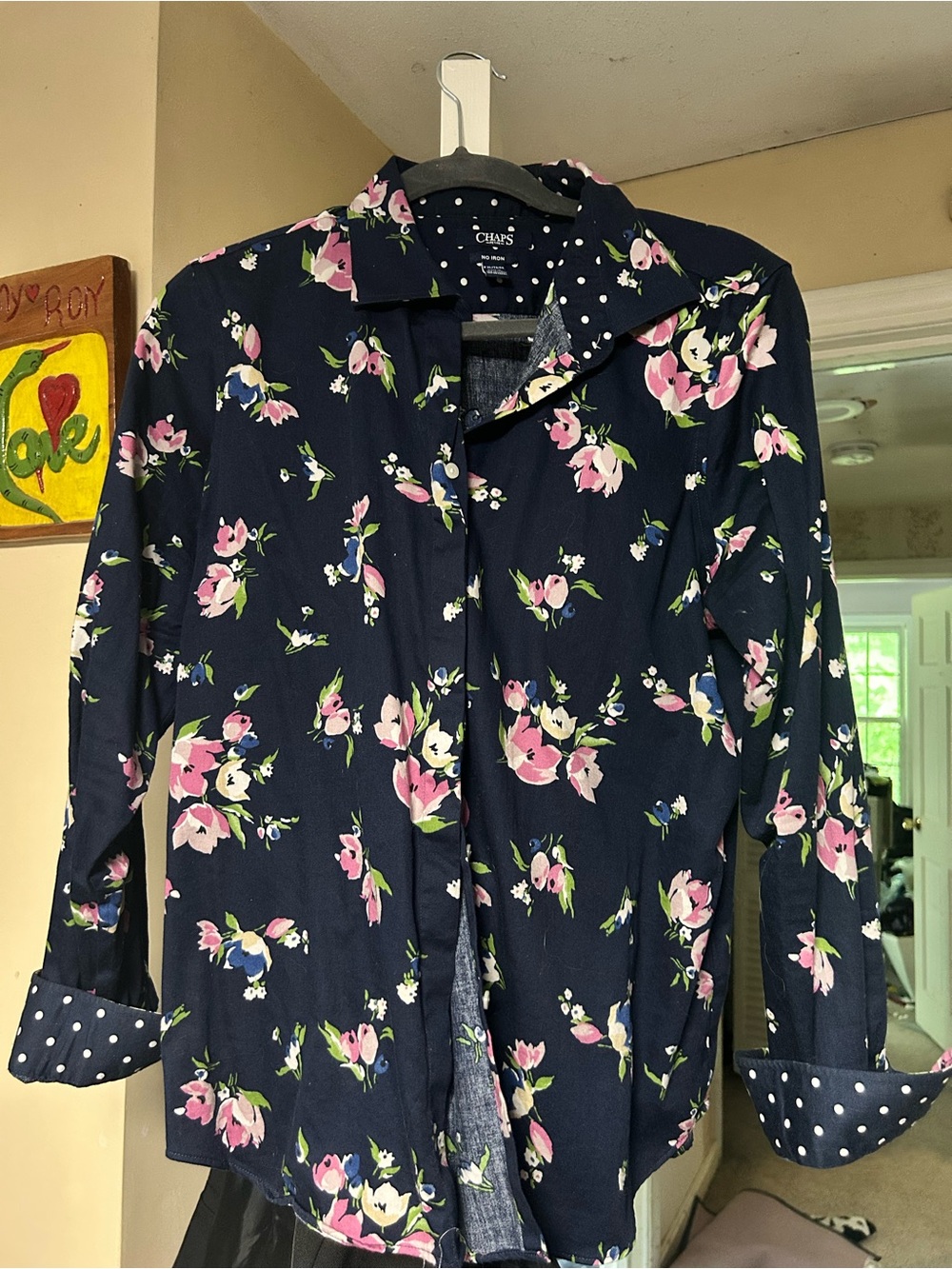 Chaps Navy Floral Blouse with polka dot cuffs. Button down NO IRON shirt.